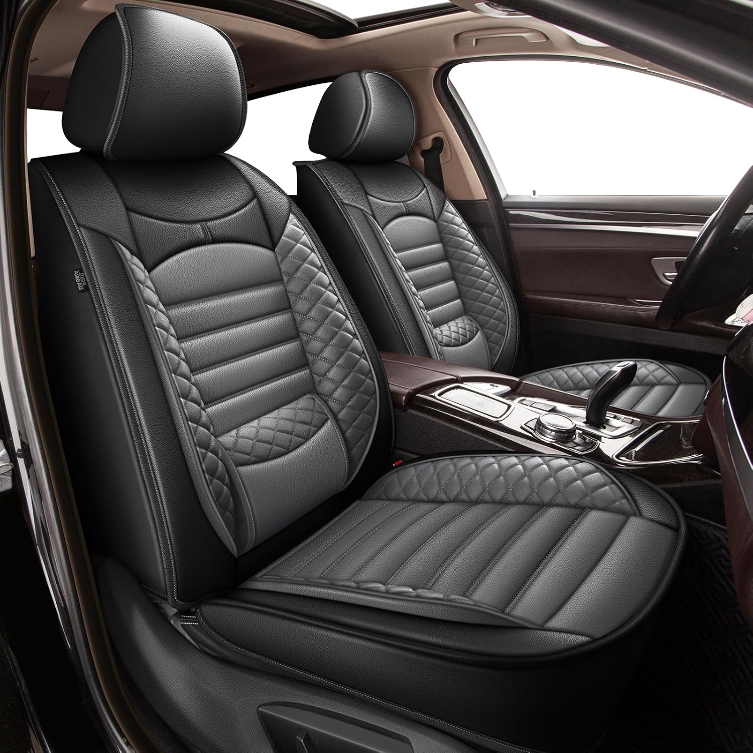 Front Seat Covers for Toytoa Highlander 2008-2024 2025: First Row 2 Seat Leather Car Seat Covers 2 Fornt Set, #014 Black & Grey