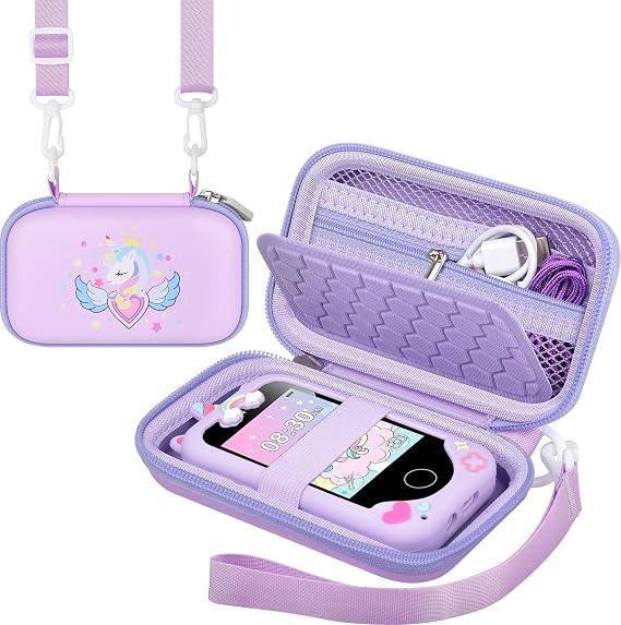 Kids Smart Phone Case for KOKODI/for Luoba/for Yosfeng/for Luyiilo | Cute Pattern, PU Surface, Shoulder Strap, Handle, Mesh,Store Accessories Such as USB Charging Cable, Travel, Case Only,Purple