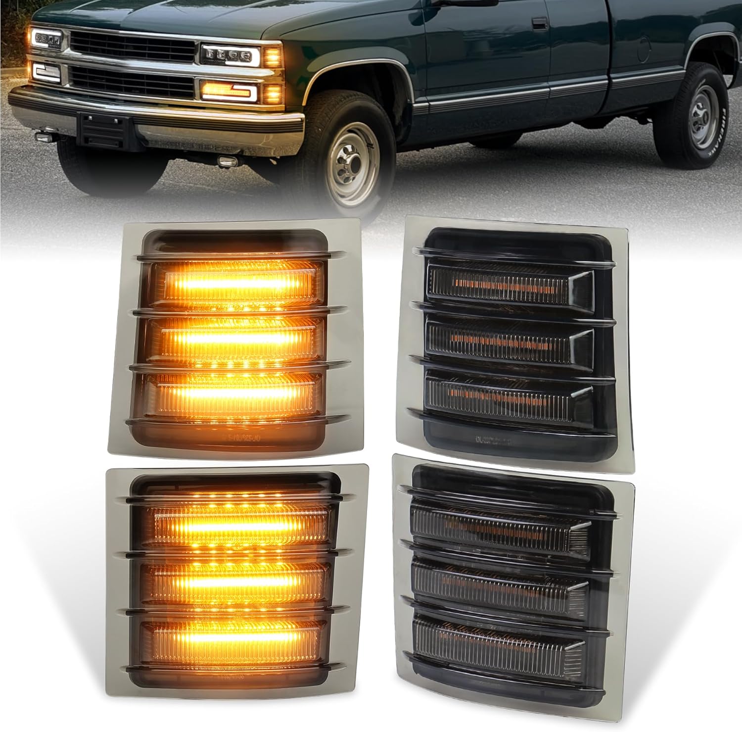 LED Side Marker Lights with Amber Sequential Turn Signal Side Corner Lights Smoked Lens Compatible with 1994-1998 Chevy CK 1500 2500 3500 Suburban Silverado Tahoe