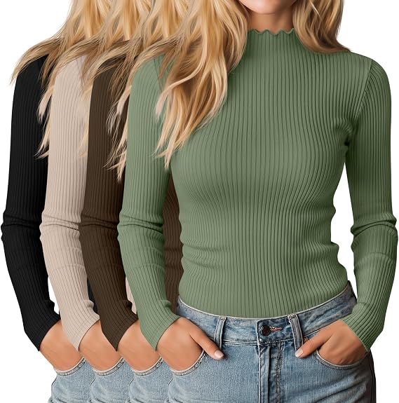 Riyiper 4 Pack Women's Mock Turtleneck Ribbed Tops | Cotton Blend, Long Sleeve, Slim Fit,Lettuce Trim, Basic Shirts, Thermal Base Layer, Fall, Winter