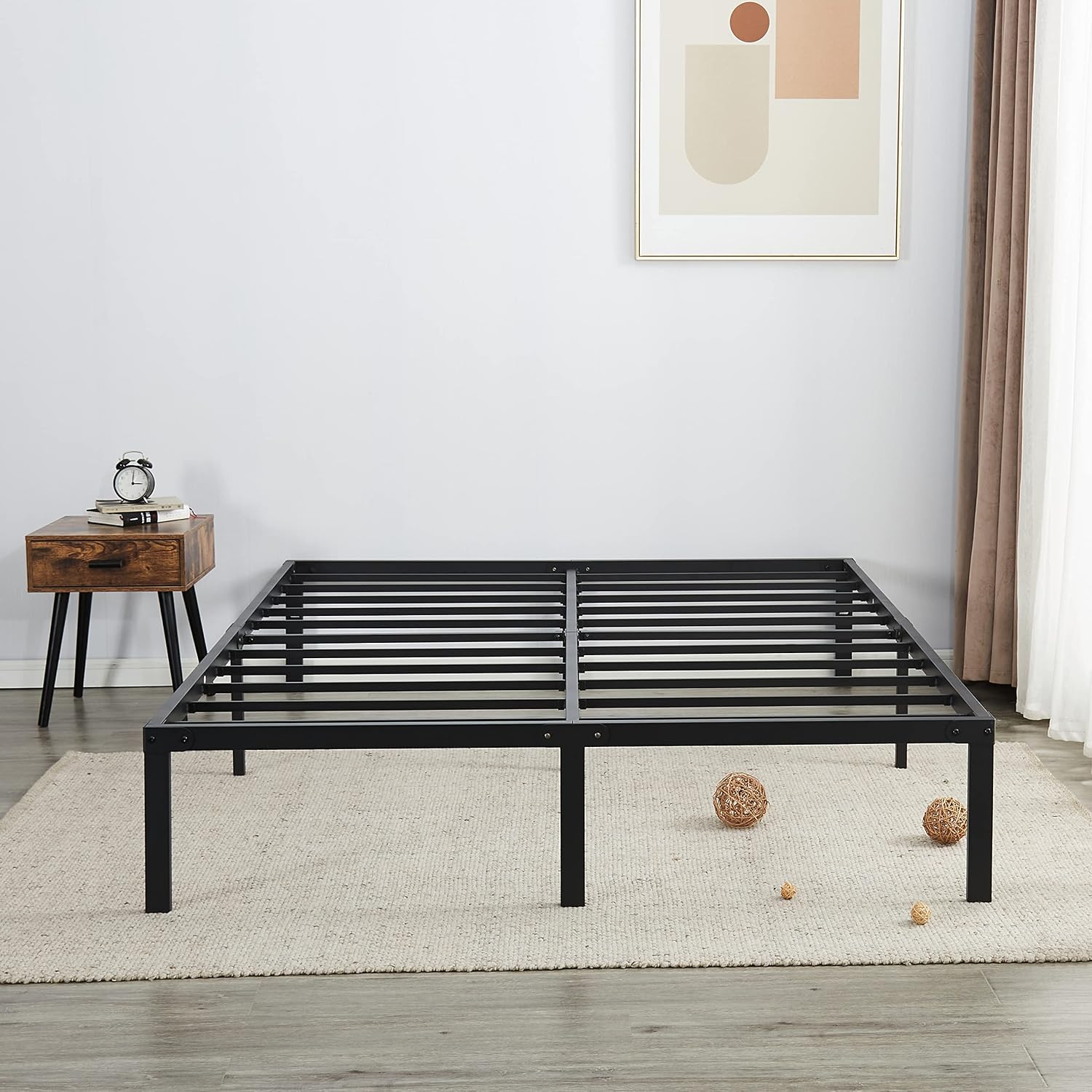 Queen Size Bed Frame Metal 14 Inch Platform Base with Storage Heavy Duty with Steel Slats Easy Assembly Noise Free No Need Box Spring Non-Slip,Black