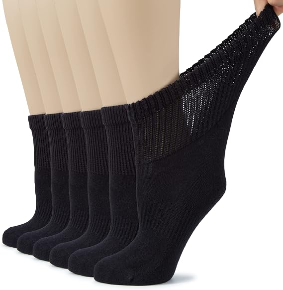 Hugh Ugoli Women's Cotton Diabetic Ankle Socks, Wide, Loose, Stretchy, Seamless Toe, Non Binding Top Semi Cushion, 3-6 Pairs