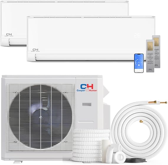 Cooper & Hunter 36,000 BTU Dual 2 Zone 12K + 24K Wall Mount Ductless Mini Split AC & Heat Pump Smart Kits & 25FT Installation Kits 24 SEER2 Inverter System - Pre-Charged