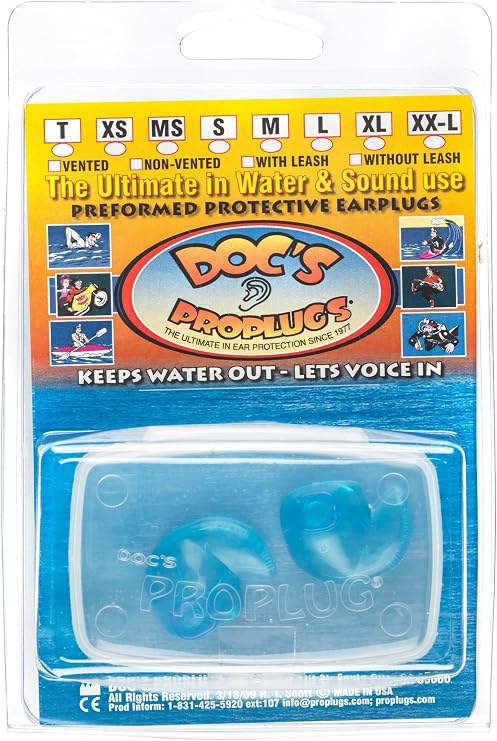 Small Non-Vented Docs Proplugs Blue Non-LEASHED Reusable Earplugs for Swimming, Bathing, Light Industrial Use | Blocks Water, Noise, Irritation | Made in USA