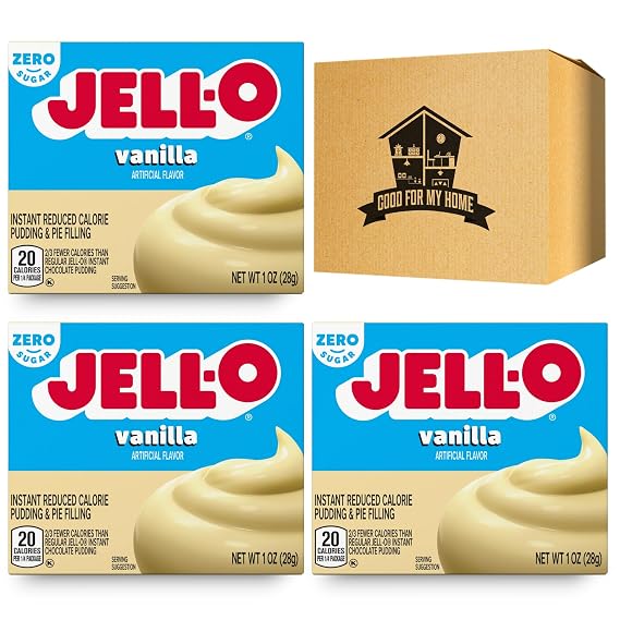 Pudding mix Bundle. Includes Three 1 Oz of Sugar Free Instant Vanilla Pudding Powder Mix. Fat Free, Low Calorie, and Zero Sugar Pudding Vanilla & Pie Filling Mix. Plus a Good For My Home Box!