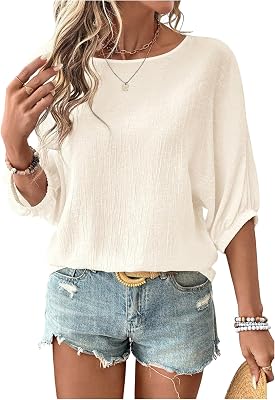 OYOANGLE Womens Textured Bishop Half Sleeve Blouse Boat Neck Summer Dressy Tops