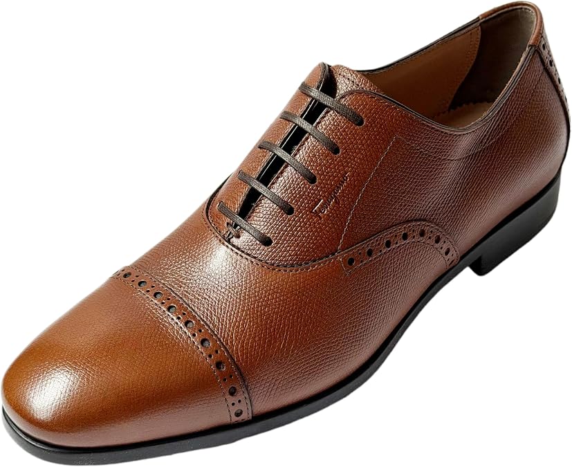 Salvatore Ferragamo Genuine Ferragamo Riley Brown Leather Cap Toe Embossed Signature Oxford Men's Dress Shoes