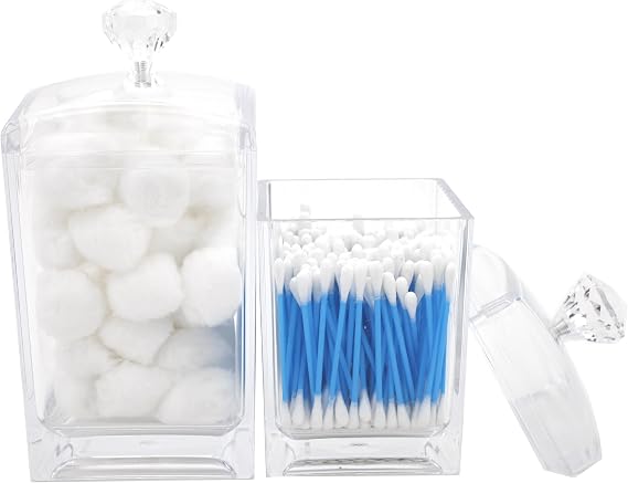 Set of 2 Large Modern Acrylic Holders Cotton Ball Swabs Cotton Organizer