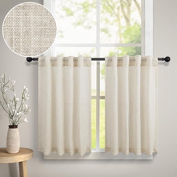 Linen Cafe Curtains 24 Inch Length for Small Windows Tier Back Tab Pocket Neutral Semi Sheer Short Valance Curtains for Kitchen Over Sink Bathroom Coverings RV Camper Cabinet Cupboards 36x24 Beige