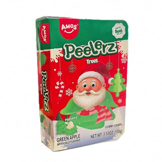 Amos Peelerz Trees Green Apple Gummy Candy Christmas Edition Book-Style Gift Box | Peelable Tree-Shaped Gummies Made with Real Fruit Juice | Fun Holiday Candy Gift for Kids, 3.53oz (100g)