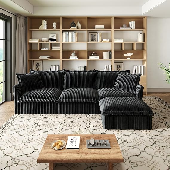 Modern Modular Sectional Sofa, Modern Slipcovered 3-Seat Sofa Couches, Comfy Cloud Sofa, Corduroy Deep Seat Sofa with Toss Pillows and Detachable Cover, for Living Room (Black, 120inch+1 Ottoman)