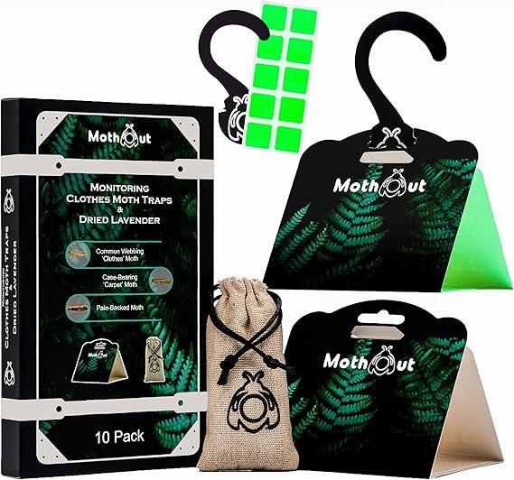 10 Pheromone Clothes Moth Traps, Carpet Moth Trap + Lavender Freshener + 10 Glowing Pads + eBook with Moths Prevention & Protection Techniques, Cloth Moths Monitoring Traps Detecting Activity