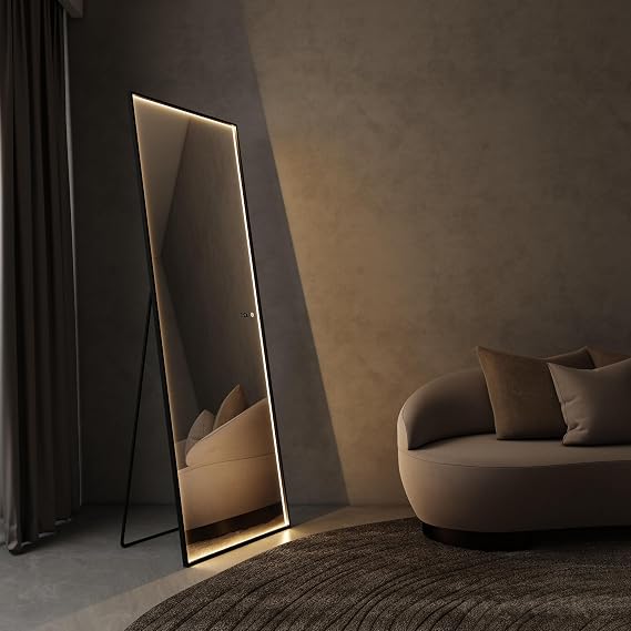 Ozarke Floor LED Vanity Mirror - 71" x 24" Free Standing Full Length Mirror w/ 3 Color Lights, Touch Switch Control & Digital Clock, Wall Mounted Full Body Mirror w/Stand for Living Room & Bedroom