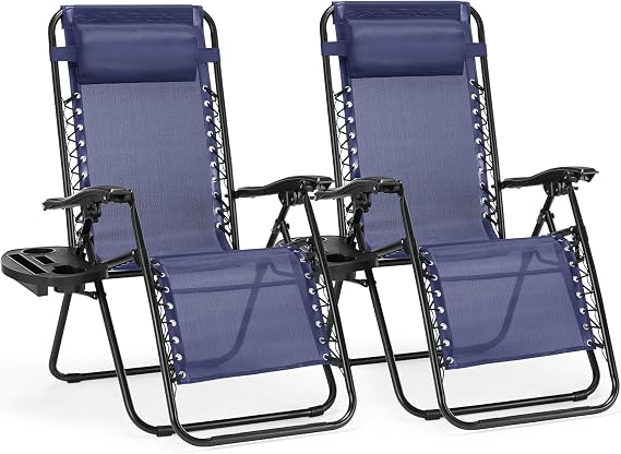 Zero Gravity Lounge Chairs, Set of 2 Recliner Camping Beach Patio Lawn Outdoor Folding Lounge Chair with Adjustable Pillow and Holder Trays for Poolside, Garden, Backyard (Blue)