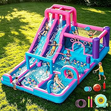 FBSPORT Inflatable Bounce House Bouncy House with Double Water Slide, Inflatable Bouncy Castle Water Bounce House with 750W Blower, Climbing Wall, Jumping, Splash Pool for Kids Indoor Outdoor