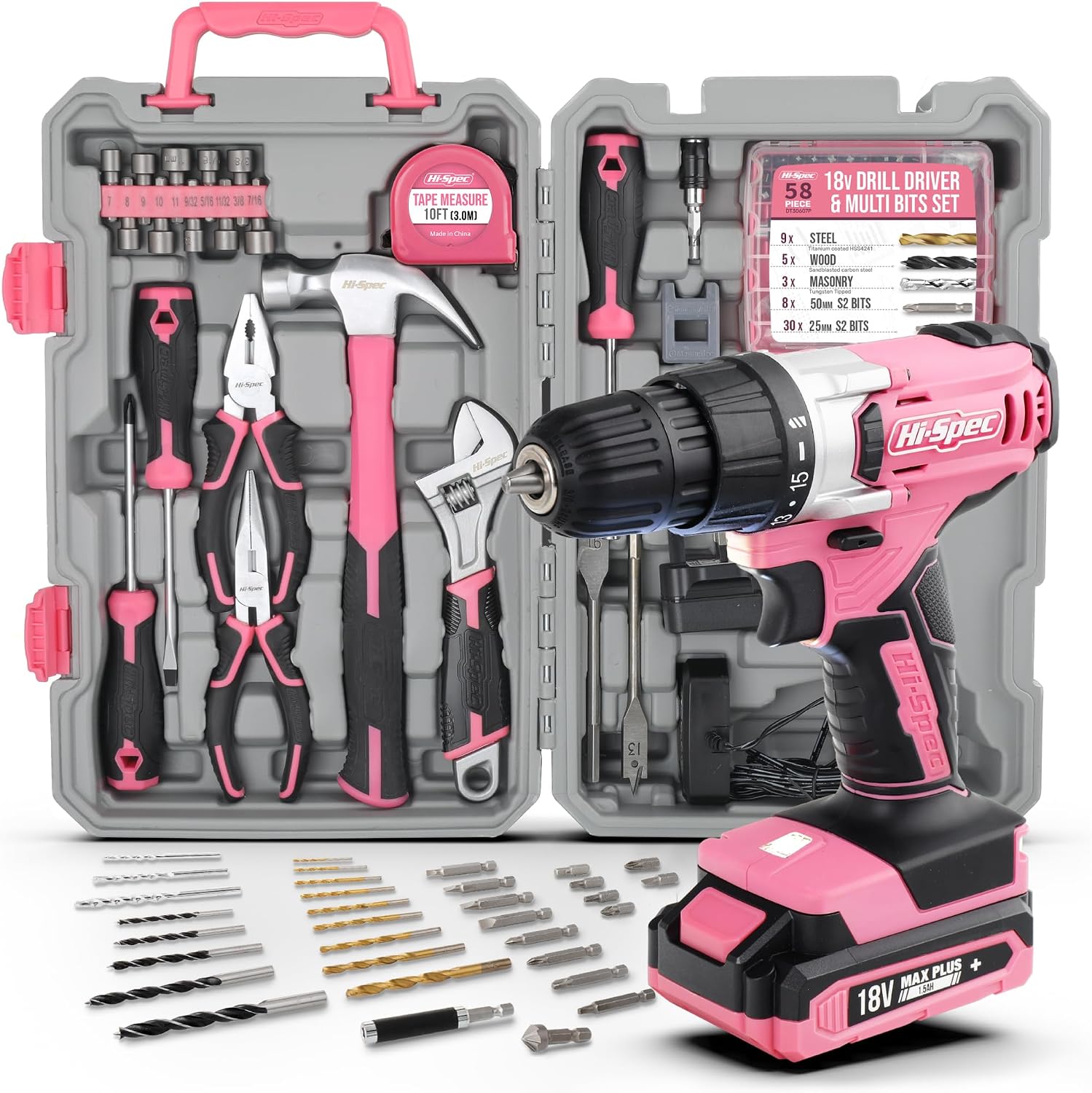 Hi-Spec 81PC 18V Cordless Drill Driver Tool Kit, Pink Power Drill Tool Set for Women - Ideal for DIY, Home Improvement & Maintenance