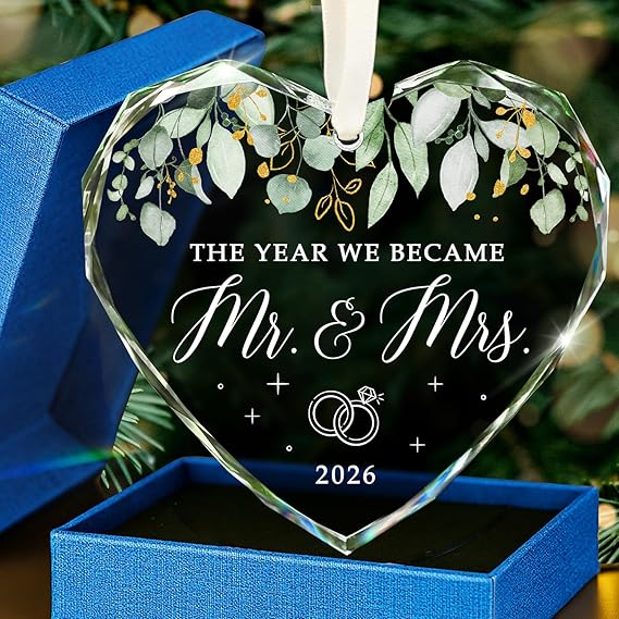HEXMOZ Wedding Gifts for Couples 2026 - Bridal Shower Gifts, Bride Gift | Mr and Mrs Gift for Newlywed, Future Mr Mrs - Just Married Party Decoration Christmas Glass Ornament - Wedding Registry Ideas