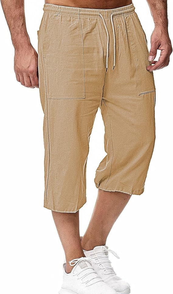 HangNiFang Men's Long Linen Shorts Below Knee Pocketed 3/4 Summer Drawstring Capri Pant