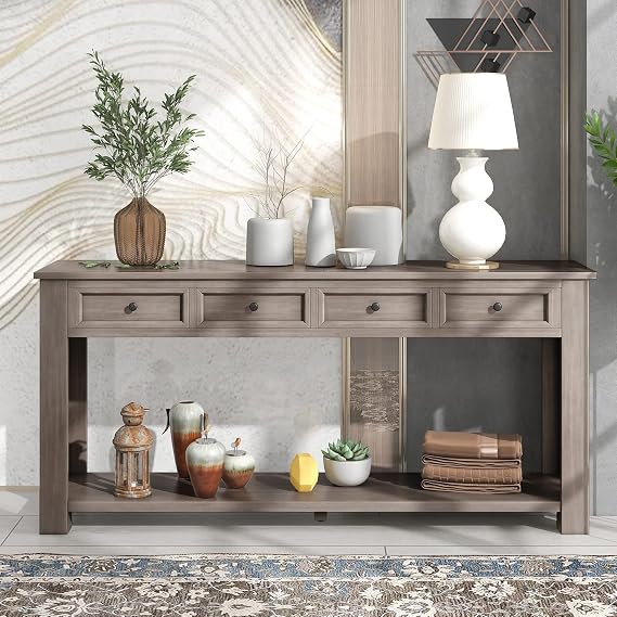 Merax Rustic Console Table with Storage Drawers and Shelf, Gray Wash