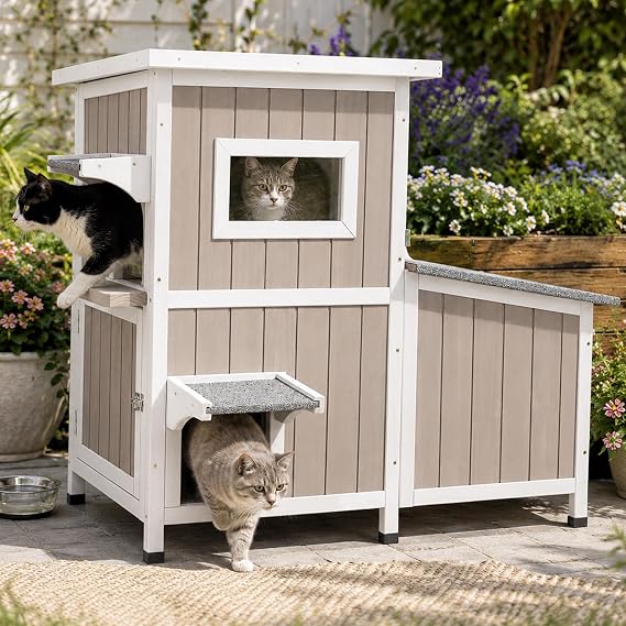 PetsCosset Outrdoor Cat House for 2-3 Cats Safe Outdoor Feral Cat Shelter Weatherproof Wooden Cat Houses with 3 Rooms 3 Escape Doors 2 Openable Asphalt Roofs