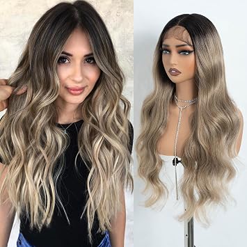 NOBLE Long Wavy Wig for Women 28 Inch T-Part Lace Front Wigs with Baby Hair Natural Looking Middle Part Wavy Synthetic Heat Resistant Fiber Wig for Daily Party Use