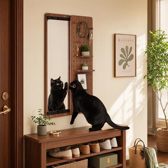 Sliding Wall Mounted Mirror with Shelves, 48" Walnut Solid Wood Mirror with Pegboard, Space Saving Entryway Organizer, Modern Functional Panel Mirror for Small Rooms, Apartments