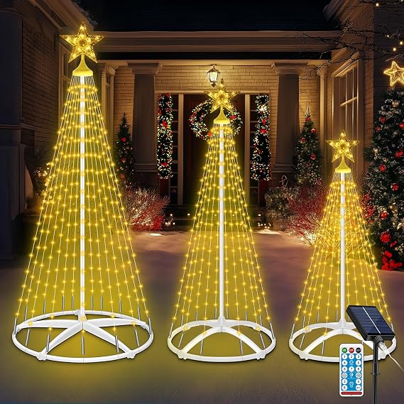3 Pack Solar Christmas Cone Tree Lights, 4' 5' 6' Christmas Tree Light Show Dimmable with 8 Modes, Artificial Tree Lights with Topper Star for Xmas Indoor Outdoor Yard Decorations, Warm White