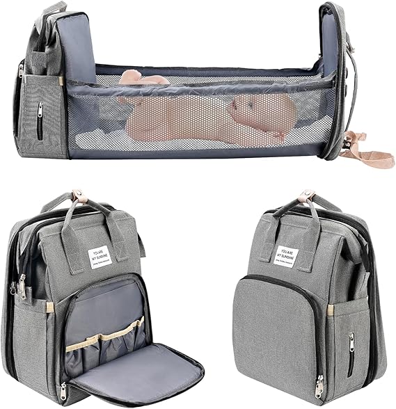 Jalann Baby Changing Bag Backpack, Nappy Changing Bag with Foldable Cot Bed, Large Capacity Baby Diaper Bag with Changing Pad Mum, Waterproof Portable