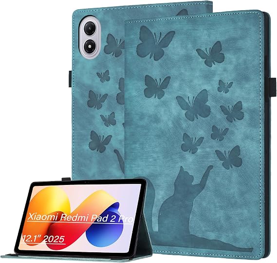 Tab Case for Xiaomi Redmi Pad 2 Pro 12.1 2025 PU Leather Cat&Butterfly Flip Tablet Cover, Stand, Scratch-Resistant, Card Slot, Pen Holder, Green