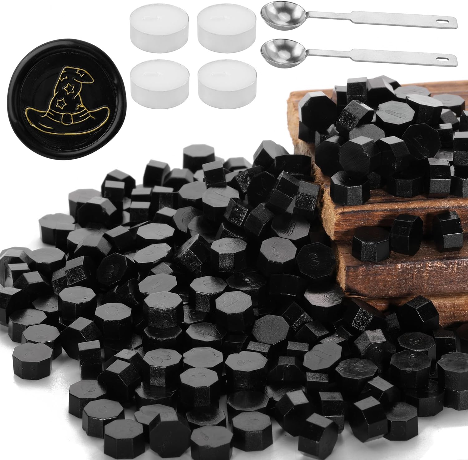 Black Sealing Wax Beads, Yoption 300 Pcs Octagon Wax Seal Beads Kit with 2 Melting Spoon and 4 Candles for Wedding Invitation Envelopes Gift Wrapping Black