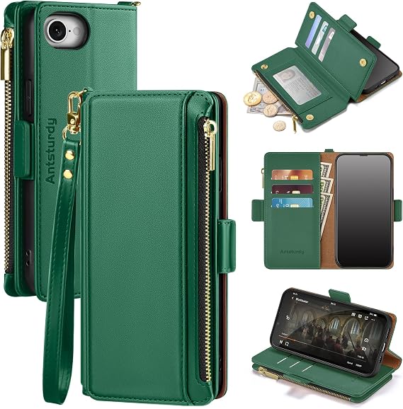 Antsturdy Compatible with iPhone 17e / 16e Wallet Case Women,Green | Shockproof RFID Blocking PU Leather Flip Cover Kickstand Zipper Card Holder Slots with Wrist Strap