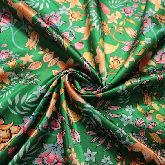 Vintage Flower Printed Satin Fabric Dress Lining Sewing Material Cloth | 100cm*148cm Vintage Print Satin Cloth Silky Charmeuse Satin For Scarf Gown Dress Lining Sewing Material (Green)