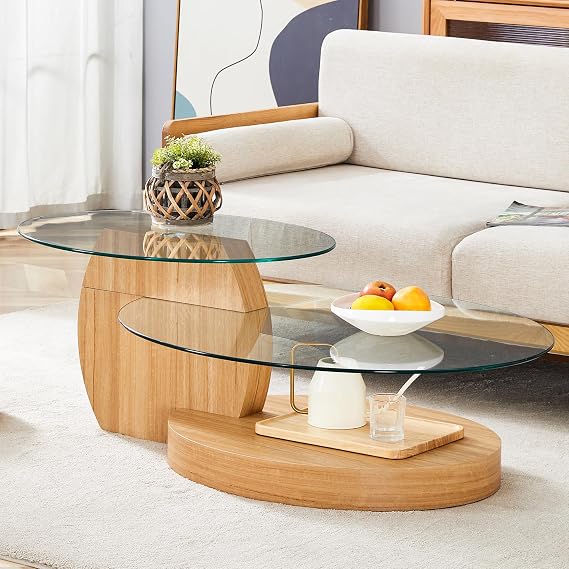 47" Oval Glass Coffee Table, 2-Tier Glass Tabletop with Wooden Base, Easy to Maintain,Ideal for Dining Room, Living Room