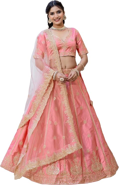 TRENDMALLS Women's Satin Embroidery Work Ready To Wear Lehenga Choli Dupatta