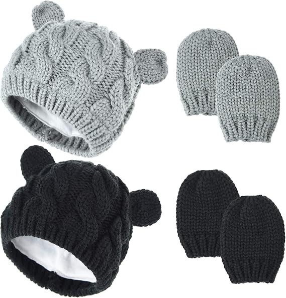 tiggell 2 Set Newborn Winter Beanie Hats Gloves Kit for Baby Infant Toddler