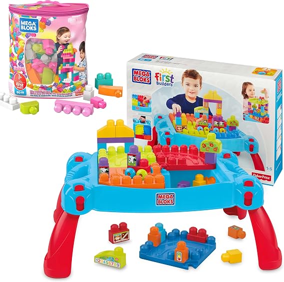 Mega BLOKS First Builders Big Building Bag Pink + Build n Learn Table, Building Set Bundle, 110 Pieces, Building Toys for Toddlers