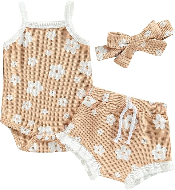 Mubineo Baby Girl 3PCS Summer Boho Rompers Outfits Bodysuit Shorts Clothes Headband Set