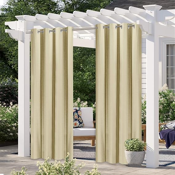 Set of 2 Panels Waterproof Outdoor Curtains Thermal Insulated Sun Blocking Blackout Grommet Curtains for Patio,Bedroom, Porch, Living Room, Pergola,Gazebo,Sliding Door 52 x 62 Inch Beige