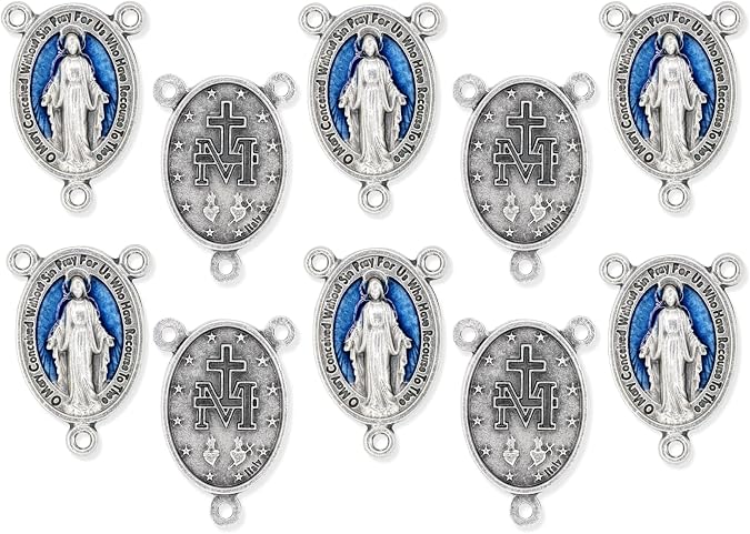 Bulk Pack of 10 - Miraculous Medal Rosary Centerpiece 1 Inch Silver Oxidized Finish with Blue Enamel Rosary Center Pieces for Rosary Making Supplies, Made in Italy
