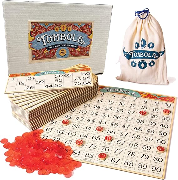 Brybelly Tombola Bingo Board Game | The Italian Game of Chance for Family, Friends and Large Parties Up to 24 Players | Includes Calling Board, 90 Tombolini Tiles, 24 Double-Sided Cards and 360 Chips