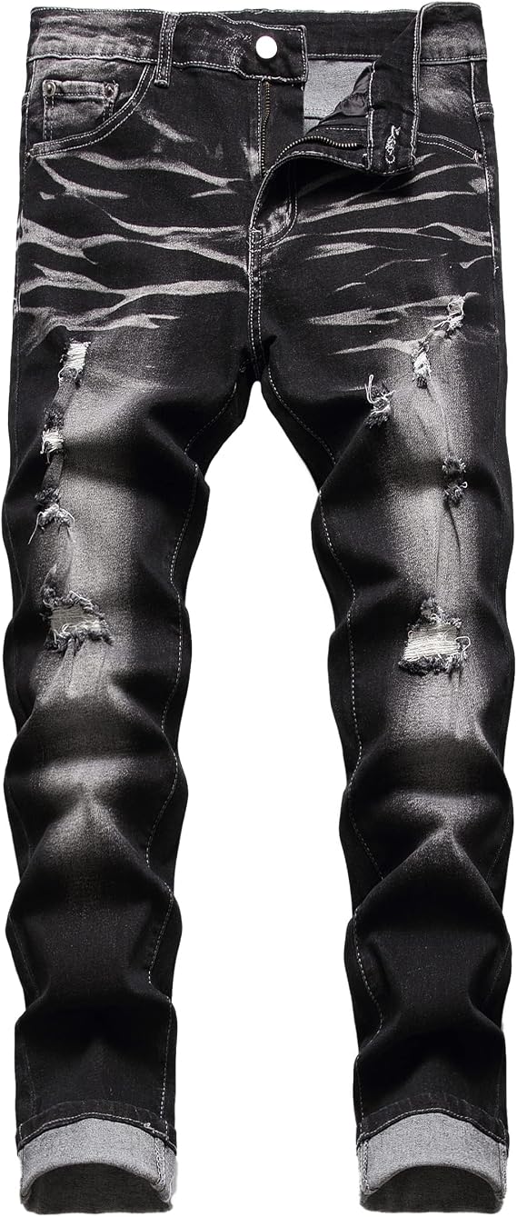 Men's Slim Fit Stretch Jeans Ripped Skinny for Men, Distressed Destroyed Straight Leg Fashion Comfort Flex Waist Jeans, Teenager Casual Fashion Designer Classic Regular Fit Basic Denim Pants