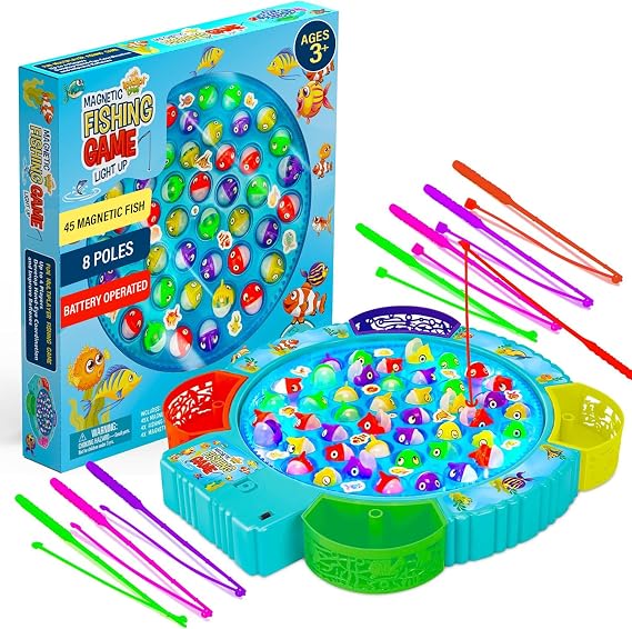 IPIDIPI TOYS Fishing Game for Kids with LED, 45 Fish and 8 Poles - Magnetic Fish Toy with Rotating Board & Music - Motor Skill Activity for Boys & Girls 3+ Party Favors Stocking Stuffers for Kids