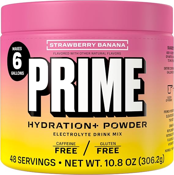 PRIME HYDRATION+ Electrolyte Powder, Strawberry Banana, Sugar Free Hydration Drink Mix with Potassium, Magnesium & B Vitamins to Replenish Fluids, Caffeine Free, 6 Gallon Tub, 48 SRV