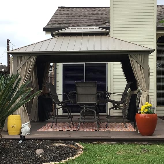 PURPLE LEAF Outdoor Hardtop Gazebo 10' x 12' Champagne Aluminum Structure | 3.9" Wider Columns, Sturdy Galvanized Steel Double Roof, Premium 160 GSM Curtain, 110GSM Heavy Textilene Netting