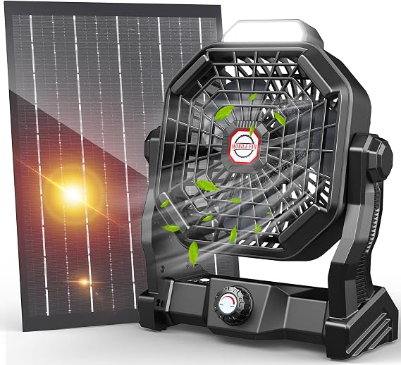 Rechargeable Solar Powered Fan,(30Hours Working) Solar Camping Fans & Led Lantern,8-inch Portable Fan with 7W Solar Panel, Battery Operated Powered Outdoor Tent Fans for Camping Essentials Accessories