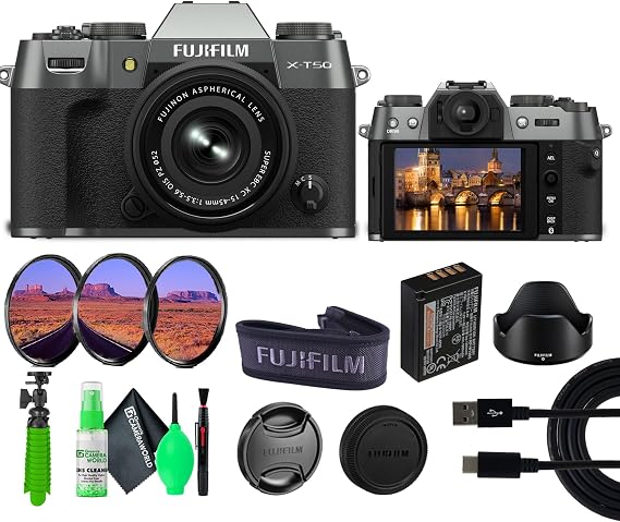Fujifilm X-T50 Mirrorless Digital Camera XC15-45mmF3.5-5.6 OIS PZ Lens Bundle Kit with Accessories (Charcoal Silver) | For Photography, Video & Content Creation | Power Zoom