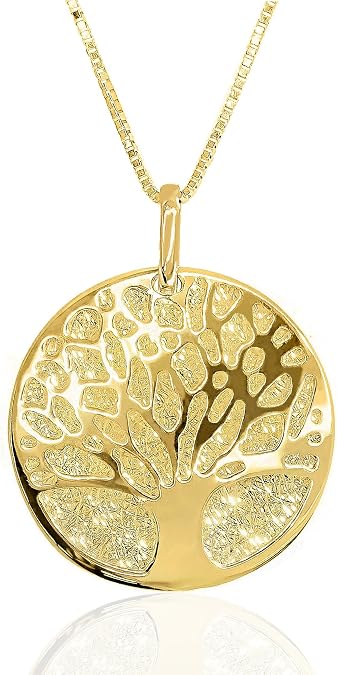 Lucchetta - Authentic Italian 14k Gold Tree of Life Pendant, Dainty Gold Necklace for Women, Diamond-Cut Round Medal with Venetian Box Chain 16+2" Extender ; Gift Box Included - Jewelry from Italy