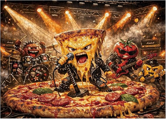 Funny Pizza Food Puzzle 1000 Pieces for Adults, Hilarious Rock Band Music Jigsaw Puzzle, Colorful Tomato Cheese Foodie Puzzles