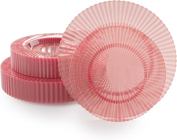 Exquisite 40 Piece Plastic Disposable Plates Set For 20 Guests I 20 X 9 Inch & 20 X 11 Inch Disposable Plastic Plates | Color: Pink | Great for Weddings Parties And Formal Occasions
