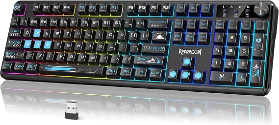 Redragon RM104 Wireless Gaming Keyboard with Knob, Tri-Mode BT/2.4G/USB-C RGB Computer Keyboards, 4000mAh Battery, Programmable Software Support, Anti-Ghosting, Compatible with PC Mac - Black & Blue